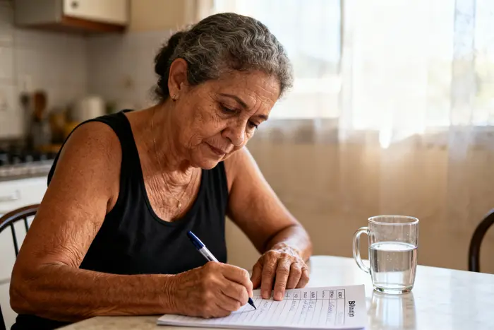 Mulher brasileira de 58 anos preenchendo um diário do sono e das idas ao banheiro pela manhã
