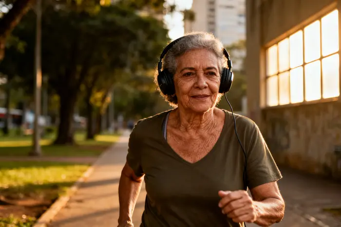 Mulher brasileira de 60 anos caminhando rápido no parque para aliviar a ansiedade na menopausa