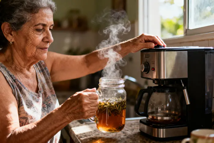 Mulher de 60 anos trocando o café da tarde por chá de ervas para dormir melhor na menopausa