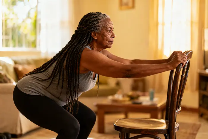 Mulher fazendo agachamento com apoio numa cadeira em casa, exercício para os ossos