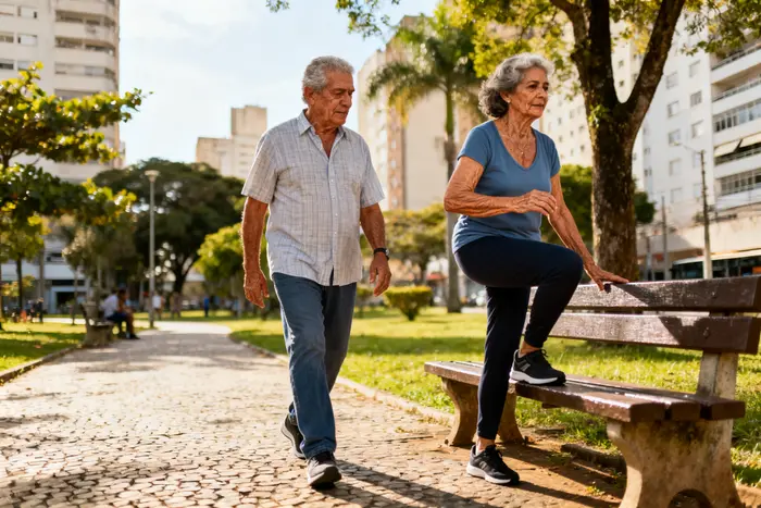 Casal brasileiro de 50+ praticando sentar e levantar no parque; força de pernas melhora com creatina e treino
