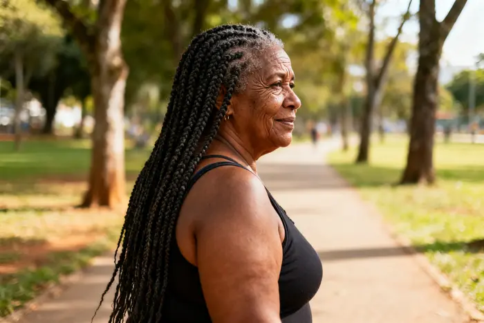Mulher caminhando no parque, exercício de baixo impacto para artrose