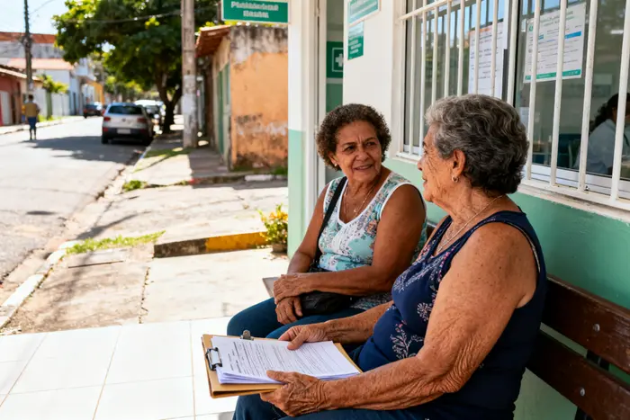 Duas mulheres conversando em frente a uma Unidade Básica de Saúde, sobre direitos de saúde na menopausa
