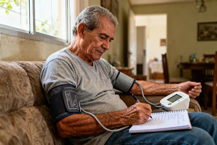 Homem brasileiro de cerca de 60 anos medindo a pressão com aparelho automático no braço, sentado em casa e anotando os valores.