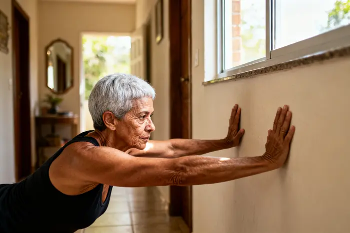 Mulher fazendo flexão na parede em casa como treino de força na menopausa