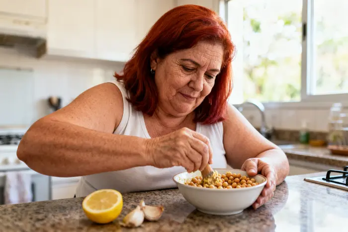 Mulher preparando pasta de grão-de-bico, um dos lanches com proteína baratos, na cozinha de casa