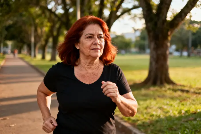 Mulher caminhando num parque para cuidar da saúde do cérebro na menopausa