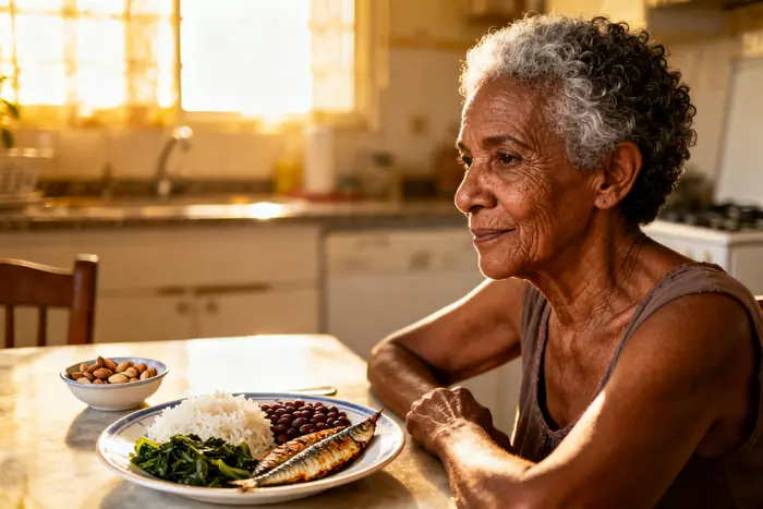 Mulher à mesa com prato de arroz, feijão, couve e sardinha, cardápio para a memória