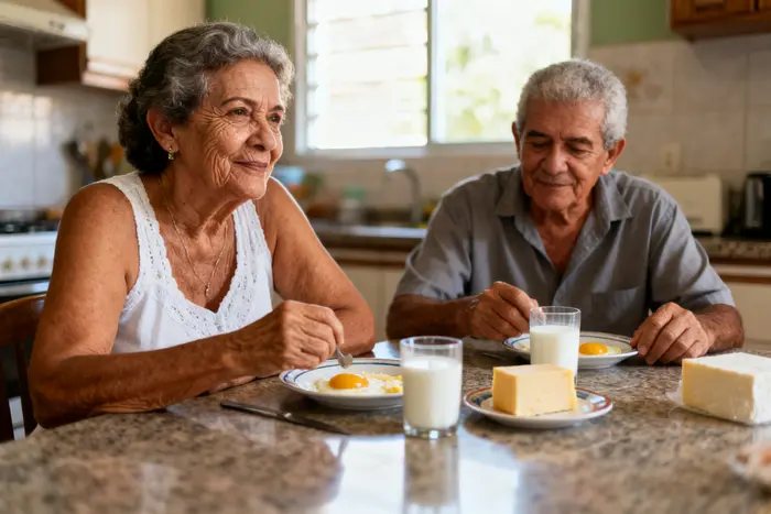 Casal de meia-idade tomando café da manhã com ovos e queijo para dividir a proteína do dia