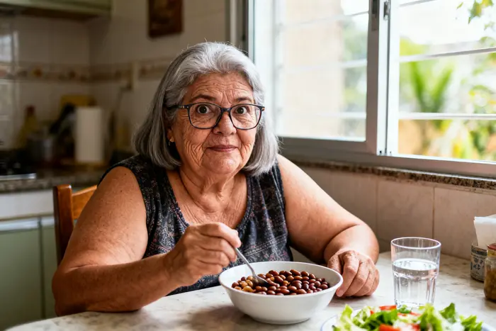 Mulher fazendo uma refeição equilibrada na cozinha, com feijão e salada, para cuidar dos fios finos