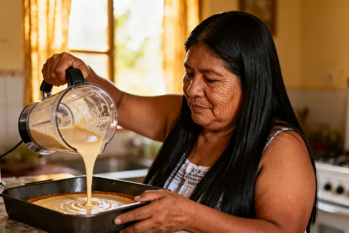 Mulher despejando a massa do bolo de fubá do liquidificador na forma