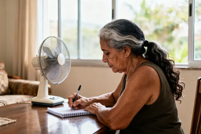 Mulher anotando em um caderno os horários dos fogachos para levar ao médico