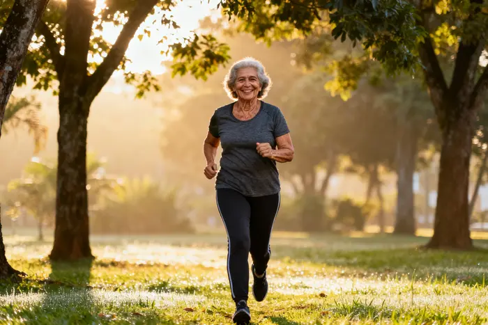 Mulher de 60 anos caminhando no parque, exercício que ajuda a proteger os ossos