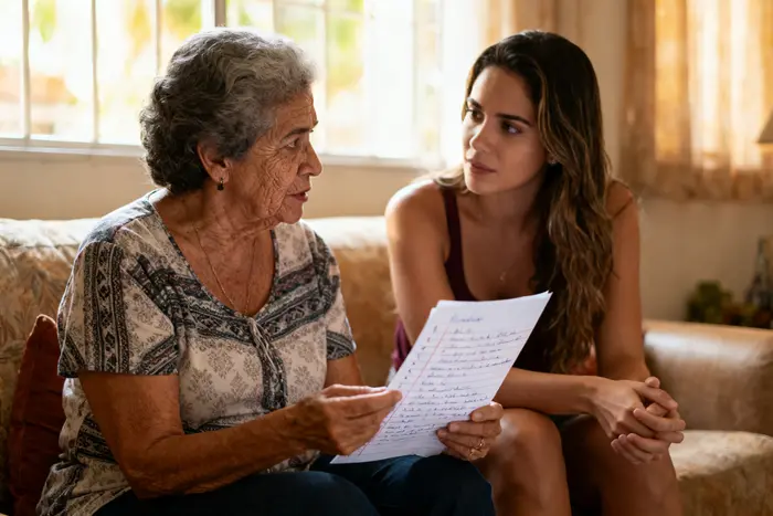 Mulher e filha conversando em casa para anotar os esquecimentos antes da consulta sobre memória