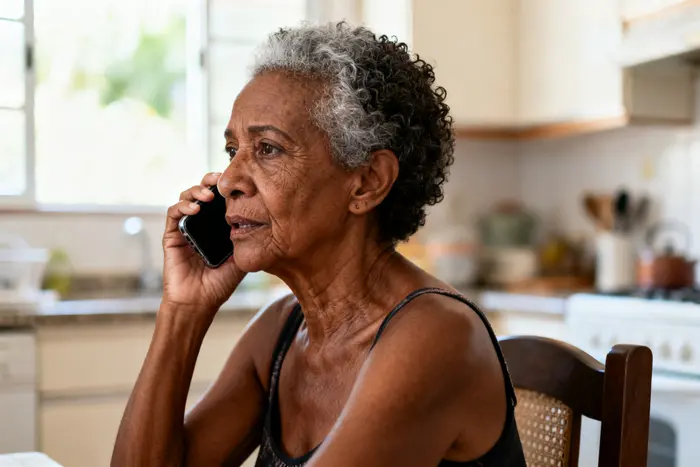 Mulher ligando para o 192 da cozinha de casa ao notar sinais de infarto