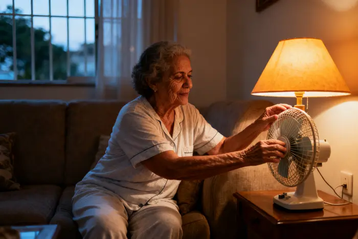 Mulher brasileira de 60 anos no sofá à noite, ajustando um ventilador pequeno e uma luminária com luz suave.