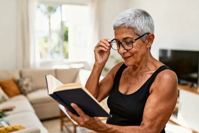 Mulher experimentando óculos de leitura para tratar a vista cansada
